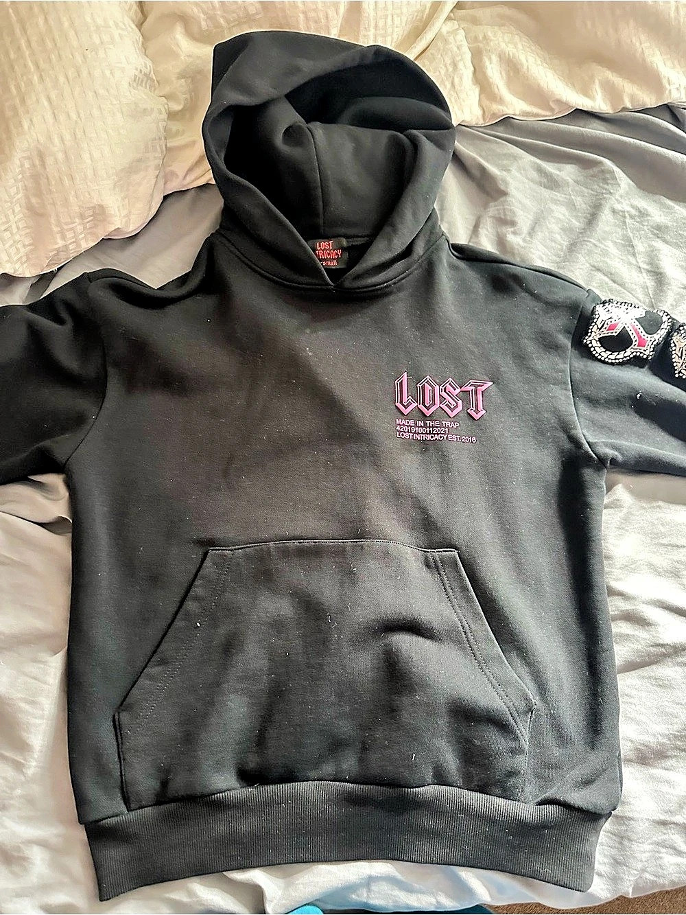 Lost Intricacy Cross Sleeve Rhinestone Hoodie Black Small